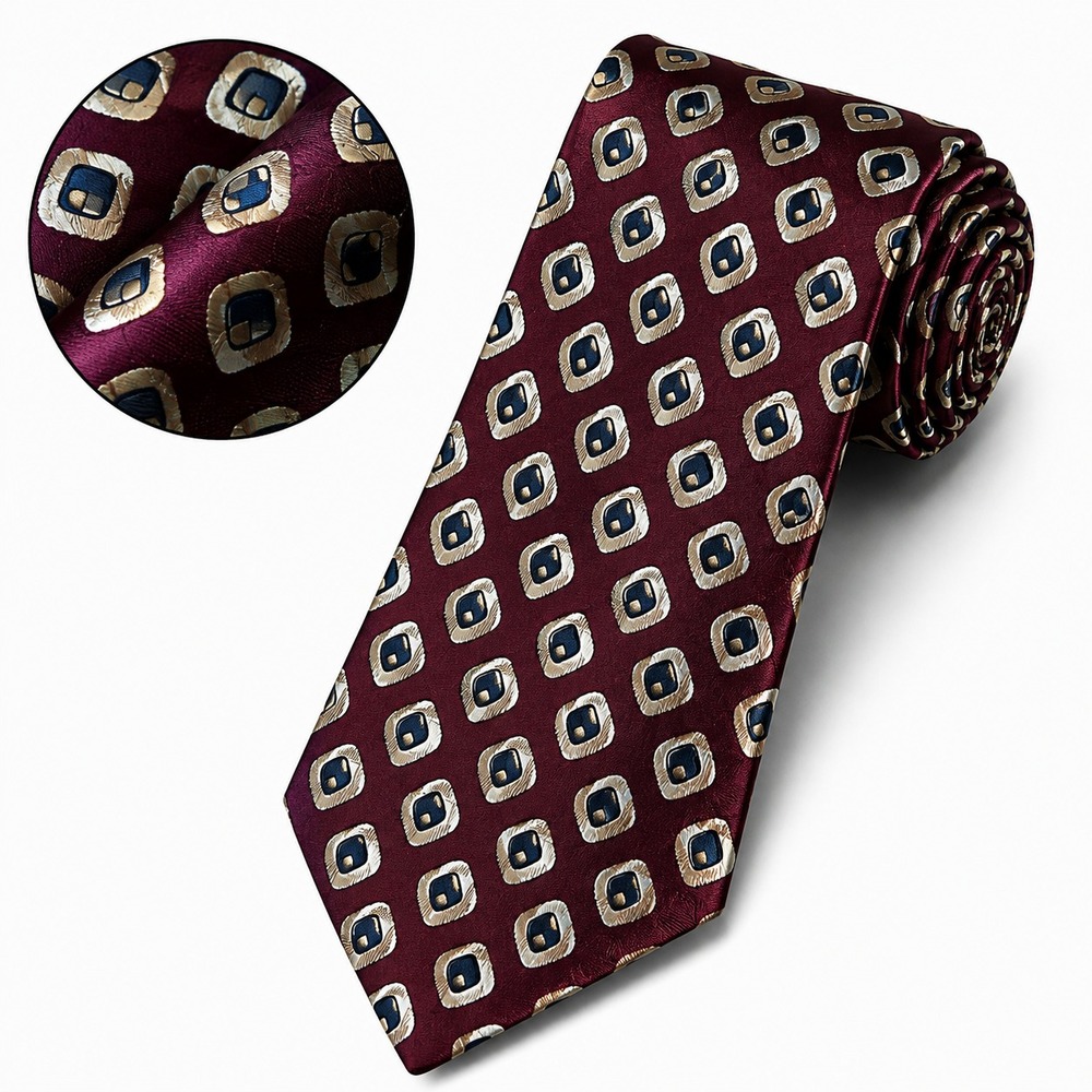 Lands' End Classic Men's Necktie Burgundy Medallion Pattern 100% Silk W3.5